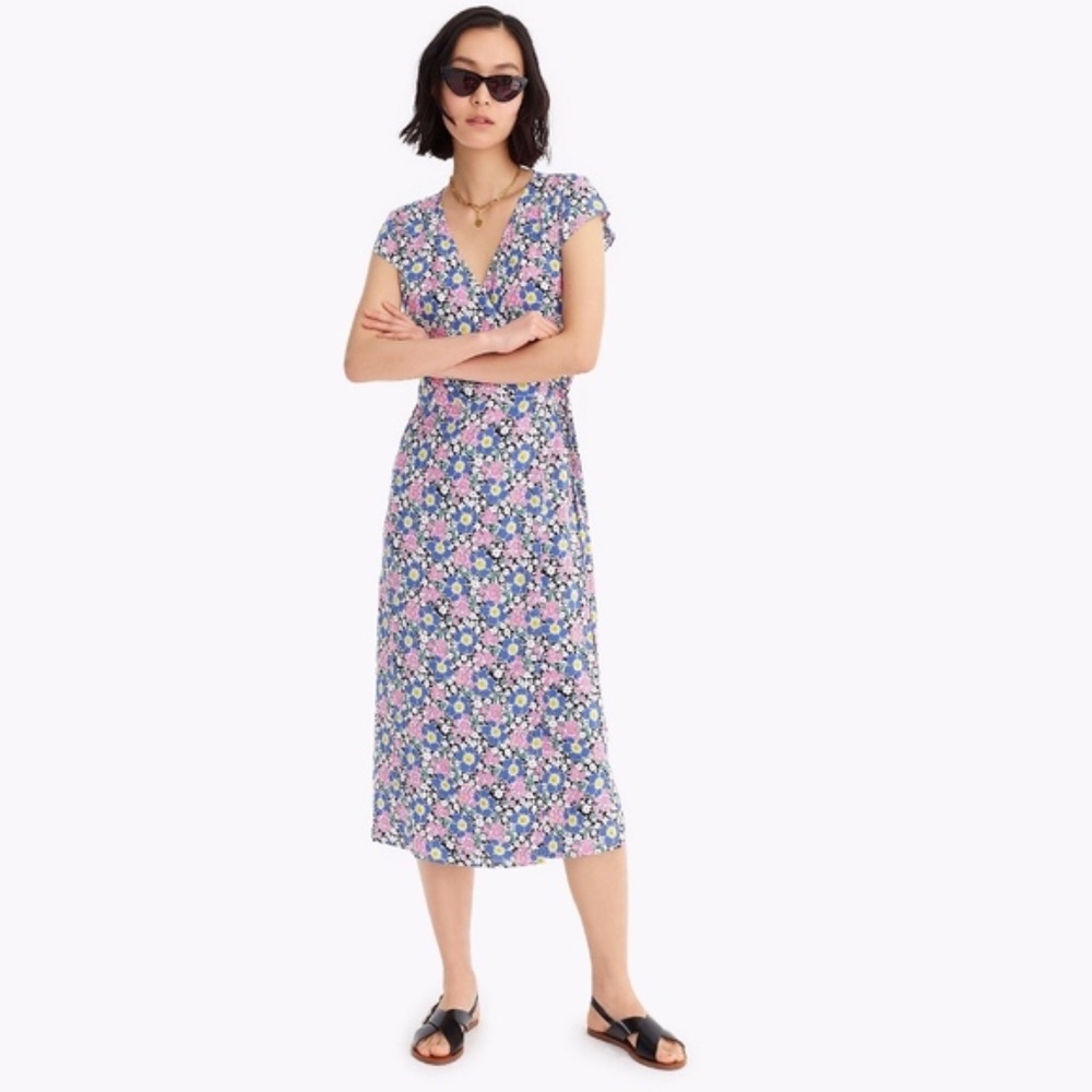 J. Crew S Midi Wrap Floral Dress blue pink 0984 ditzy cap sleeve